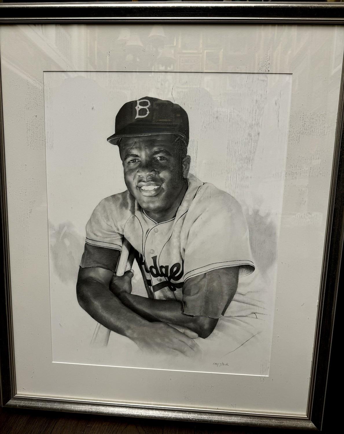 Portrait of Baseball Player Jackie Robinson, Brooklyn Dodgers - Gray Figurative Art by Ron Stark