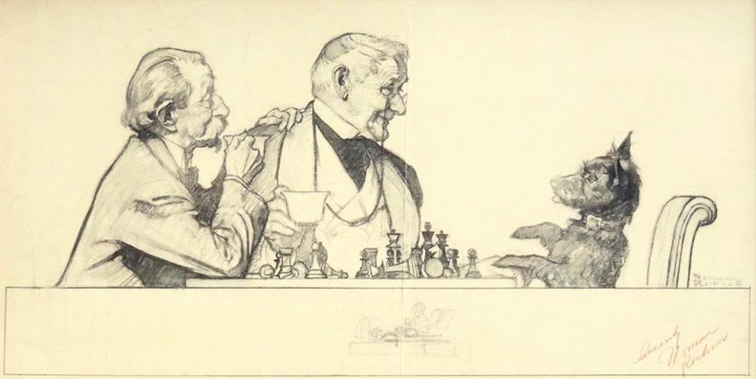 Norman Rockwell Figurative Art – Gentlemen und Scottie-Hund am Schachbrett, Studie für Maxwell House Coffee