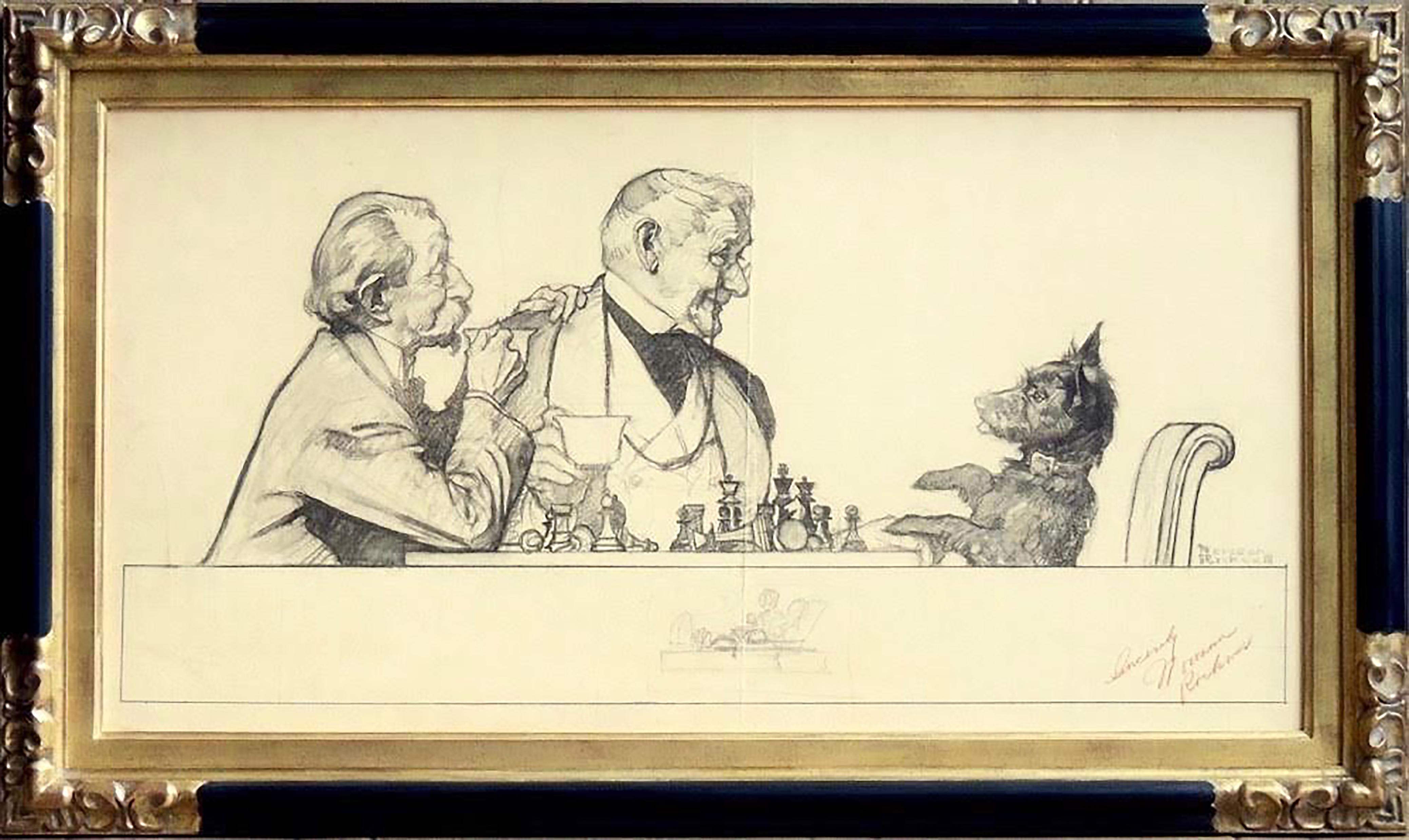 Gentlemen und Scottie-Hund am Schachbrett, Studie für Maxwell House Coffee – Art von Norman Rockwell
