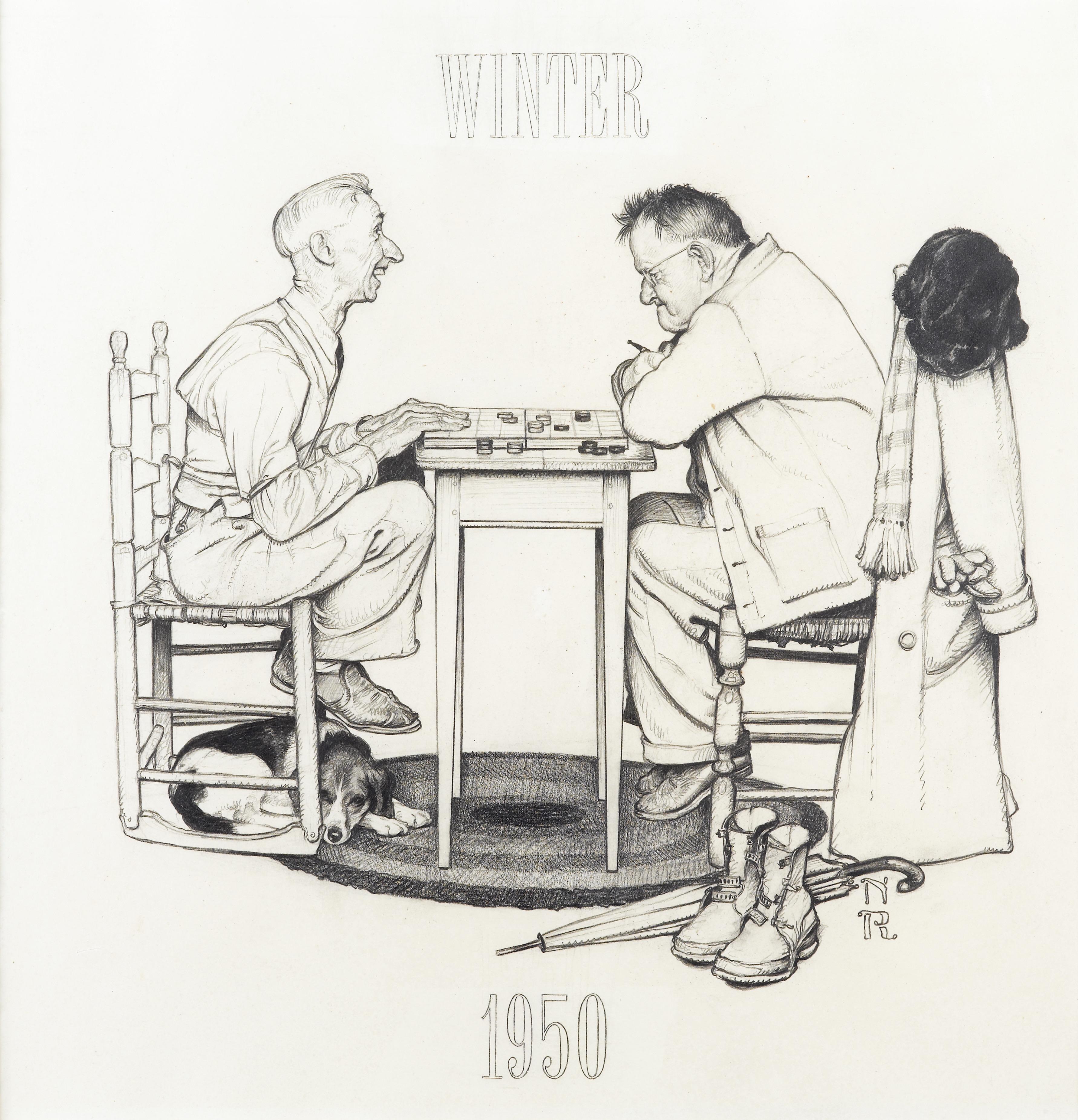 Norman Rockwell Figurative Art - Two Old Men and Dog: Checkers