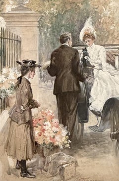 Donna in carrozza riceve in dono un gattino; illustrazione del 1895 circa