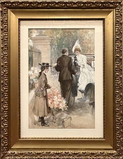 Frau in Kutsche erhält Geschenk eines Kätzchens; Illustration um 1895