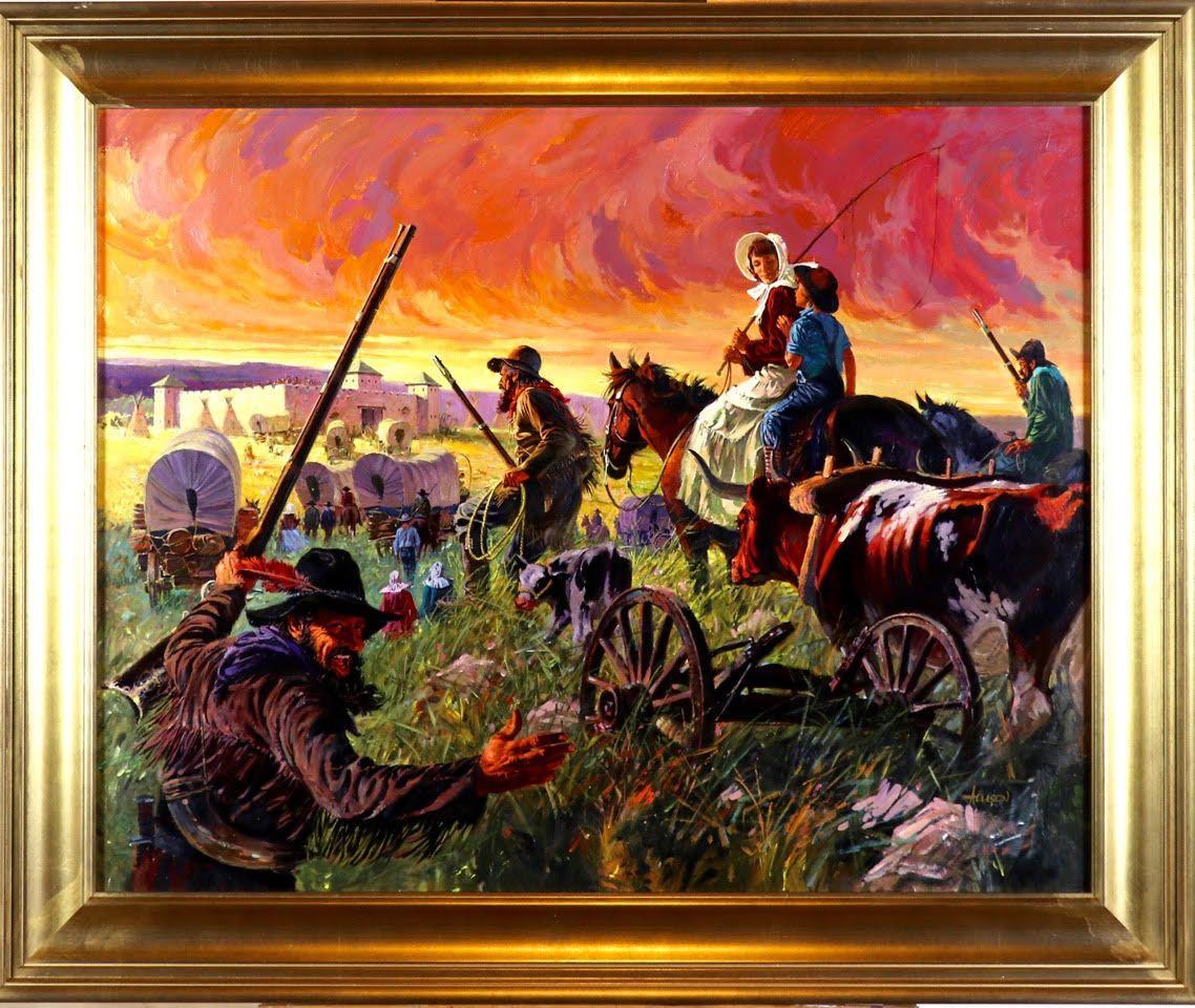 El primer tren de emigrantes llega a Fort Laramie - Painting de Jerry Allison