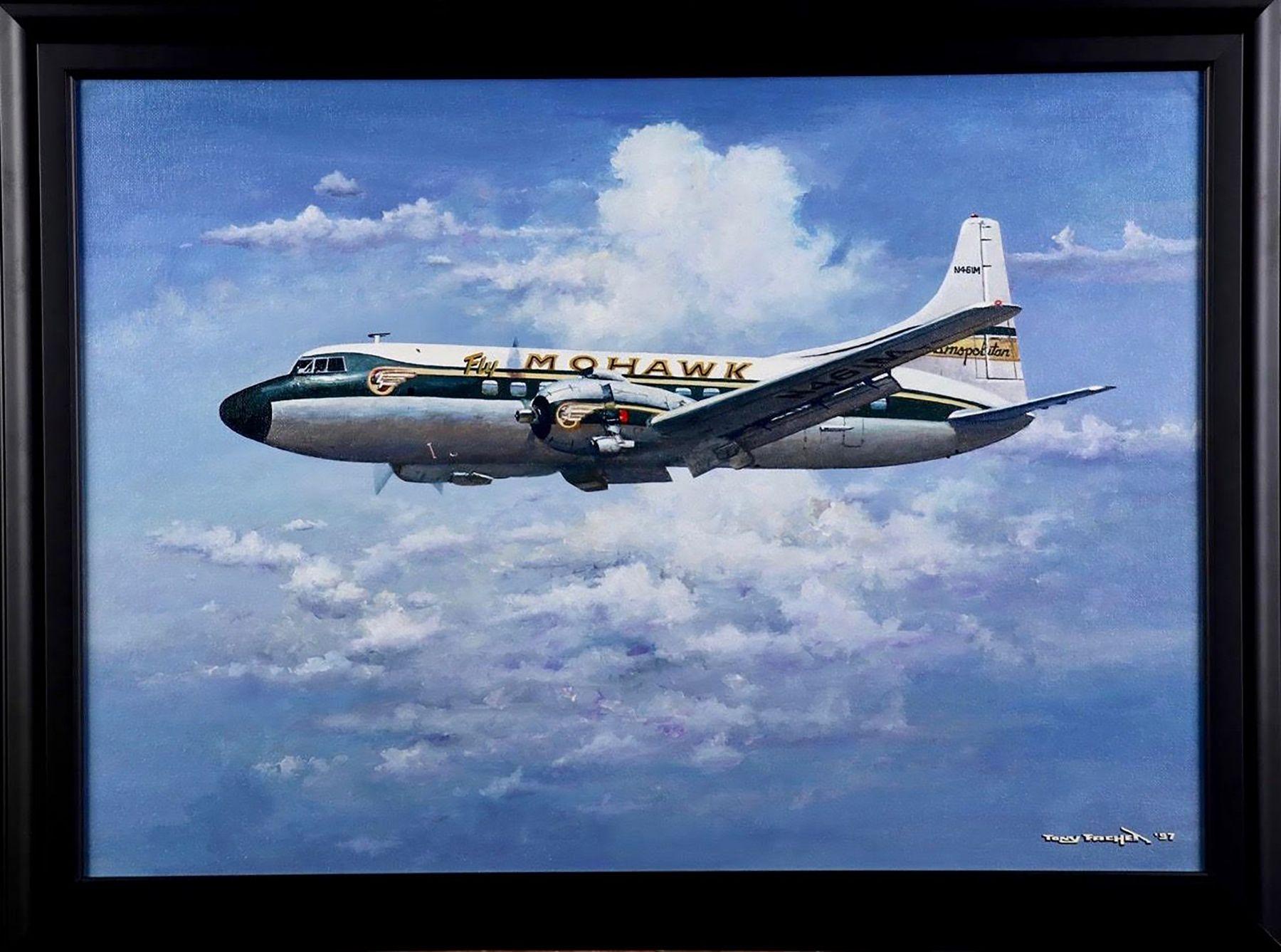 Darstellung eines Flugzeugs der Mohawk Airlines im Flug

Unterschrift: Signiert unten rechts und datiert '97

