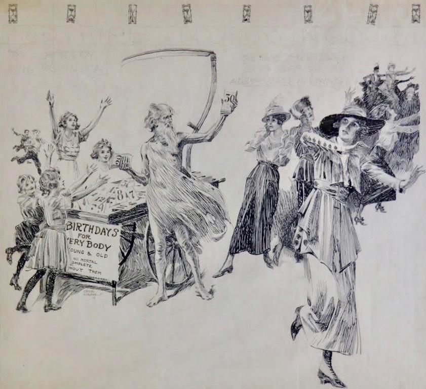 Orson Byron Lowell Figurative Art – „Birthdays For Everybody“ Original humorvolle Illustration für die Zeitschrift Life