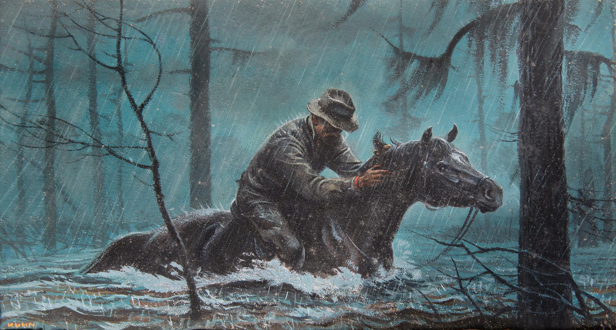 Animal Painting Bob Kuhn - Cowboy à cheval dans la pluie