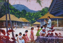 Vintage TropicalHawaiian School. Teacher and children,  Illustration Art  General Ele