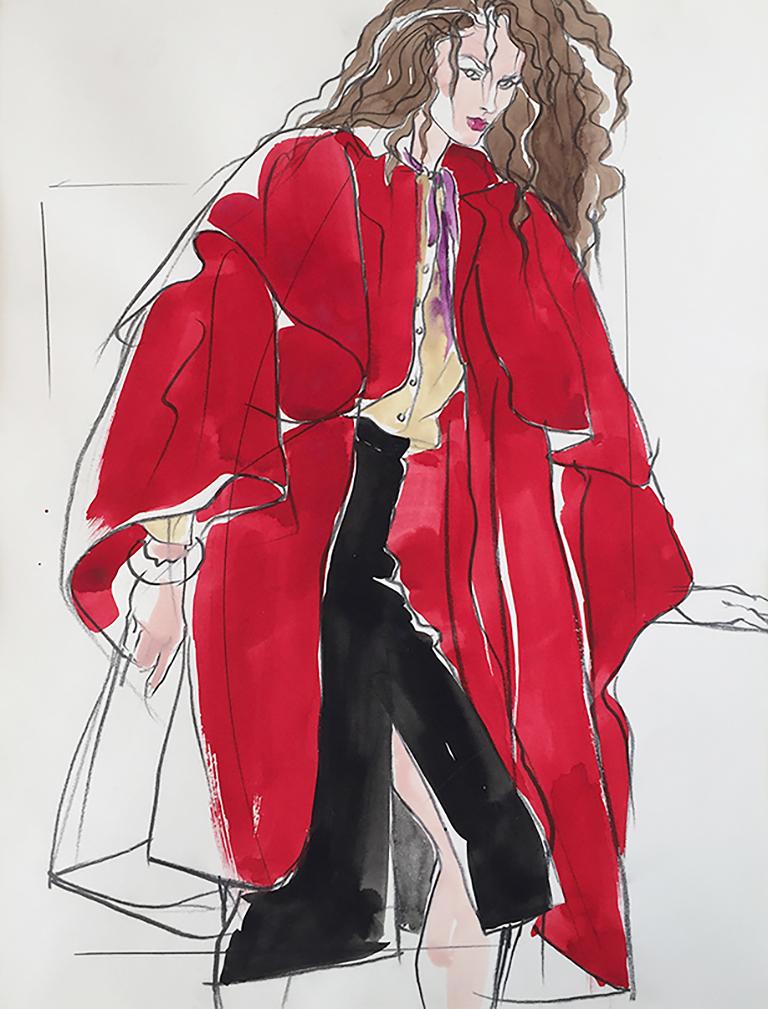 Fashion Model in Red Illustration for Italian Vogue - Mixed Media Art by Antonio Lopez