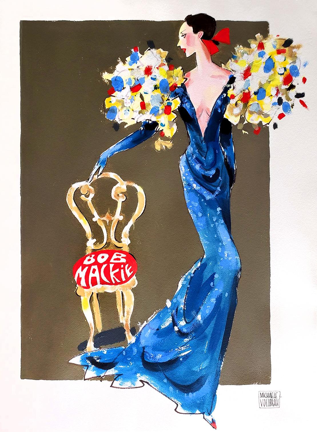 Michaele Vollbracht Portrait Painting – Modeillustration einer eleganten Frau in Bob Mackie-Kleid, vielleicht für Cher
