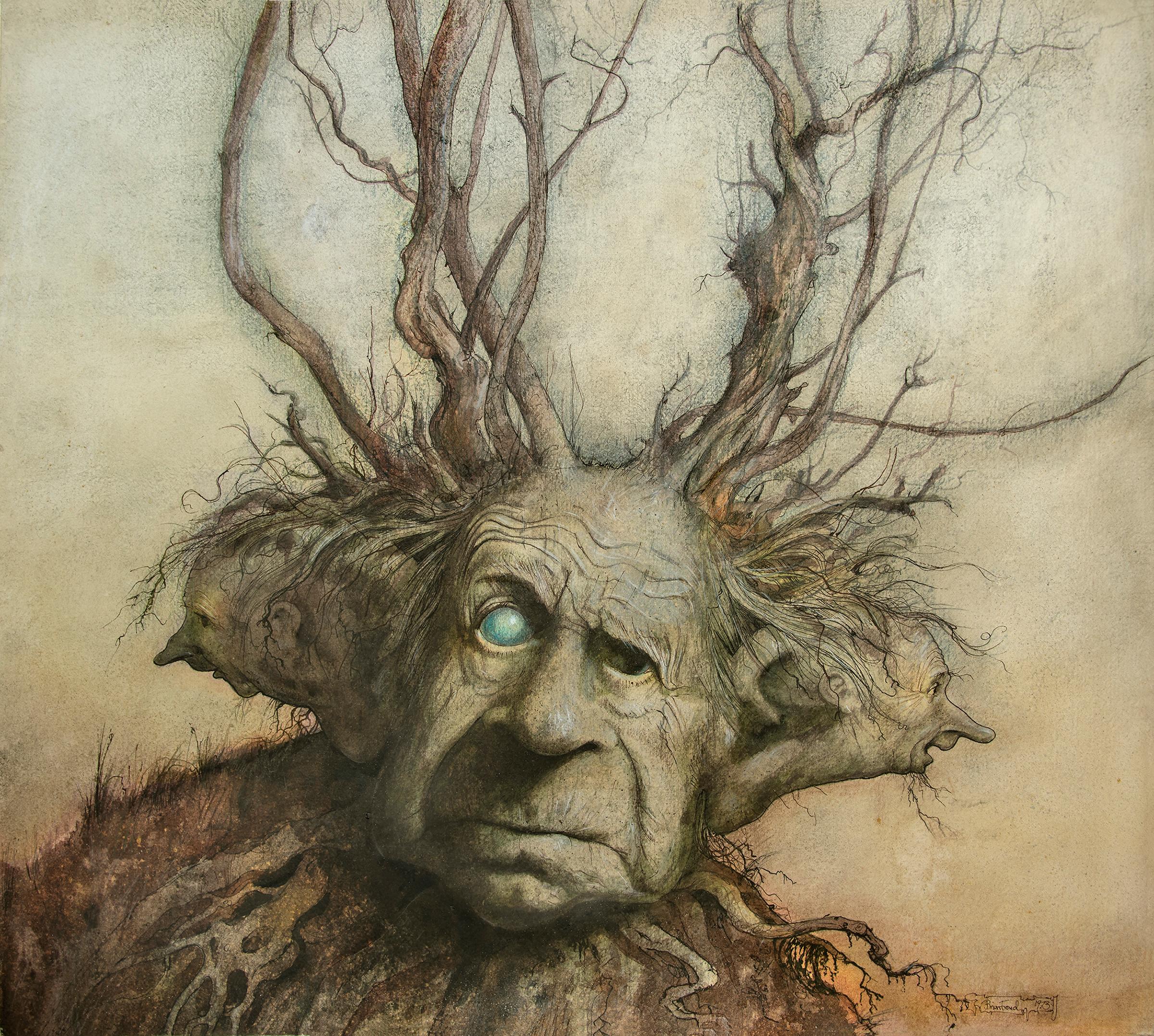 Brian Froud Figurative Art - Three Headed Man Fantasy illustration - Sioux  Legend reference