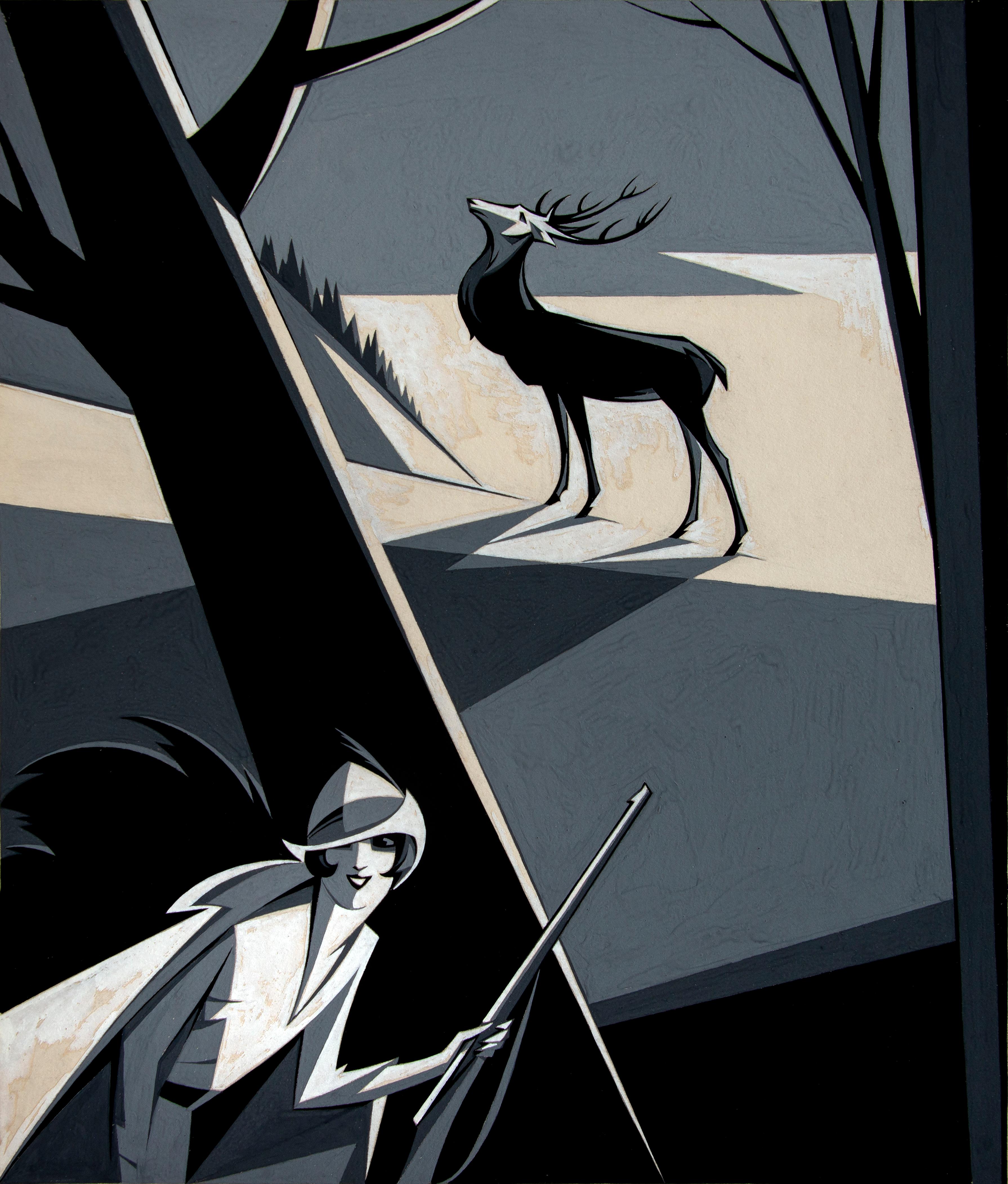 Charles Verschuuren Landscape Painting - Female hunter stalks Stag,  Art Deco Brooklyn Daily Eagle Sunday Magazine Cover