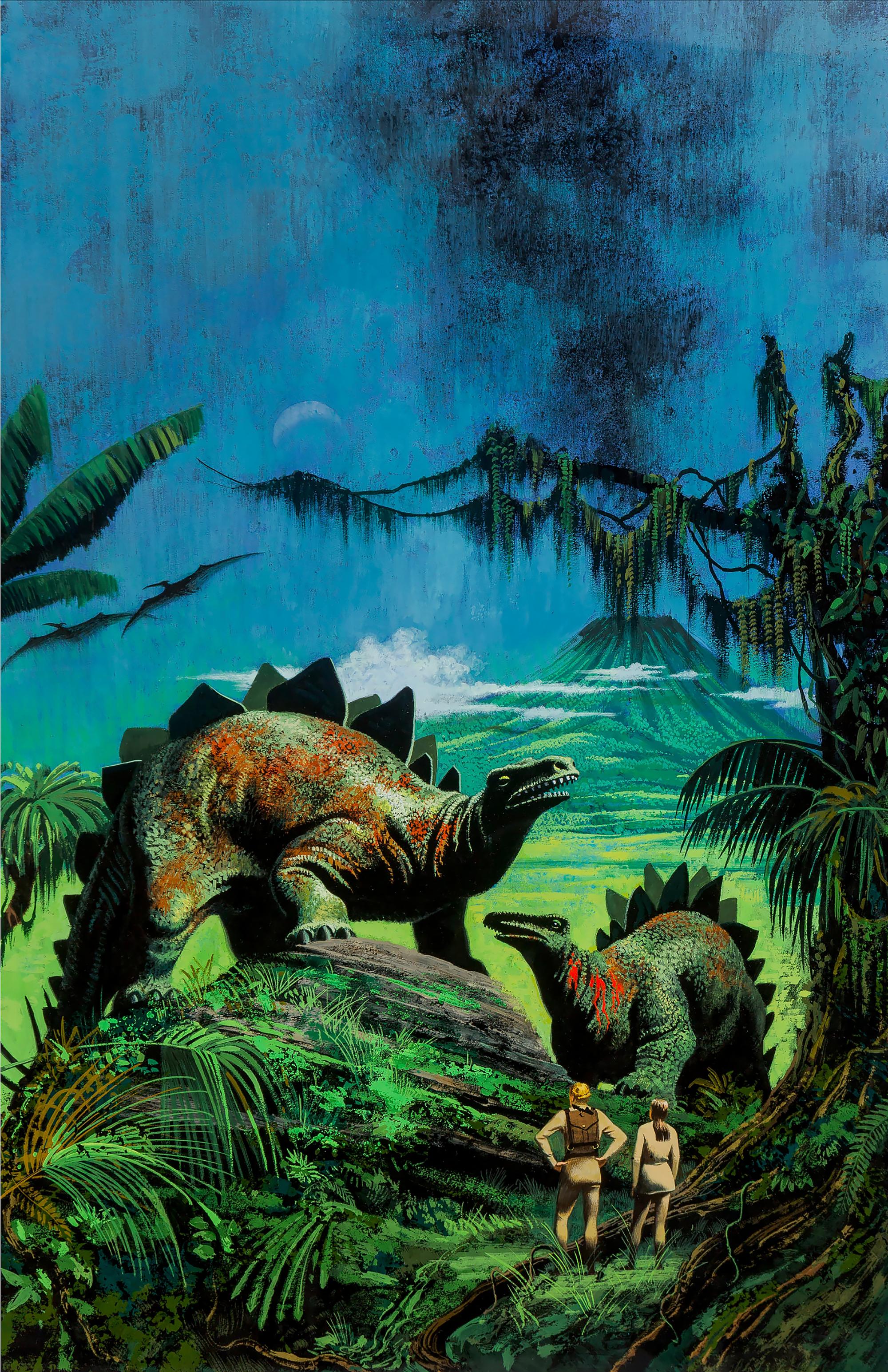 Don Punchatz Animal Painting - Dinosaurs and volcano. Jurassic park like image