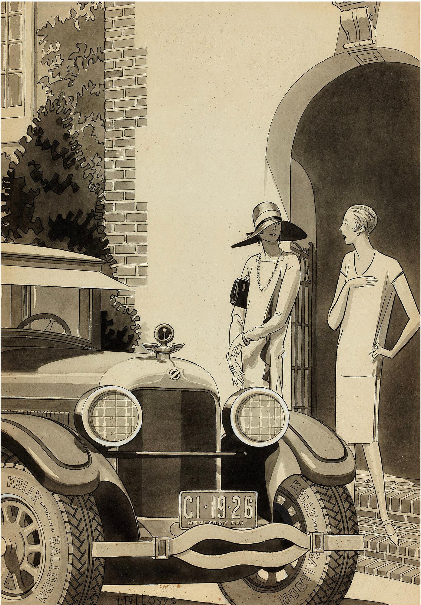 Art Deco Women Flappers in from of Packard Car - Vintage Car  Illustration