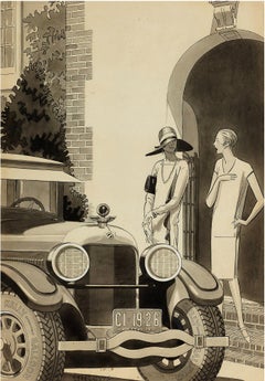 Art Deco Women Flappers in from of Packard Car - Antique Car  Illustration