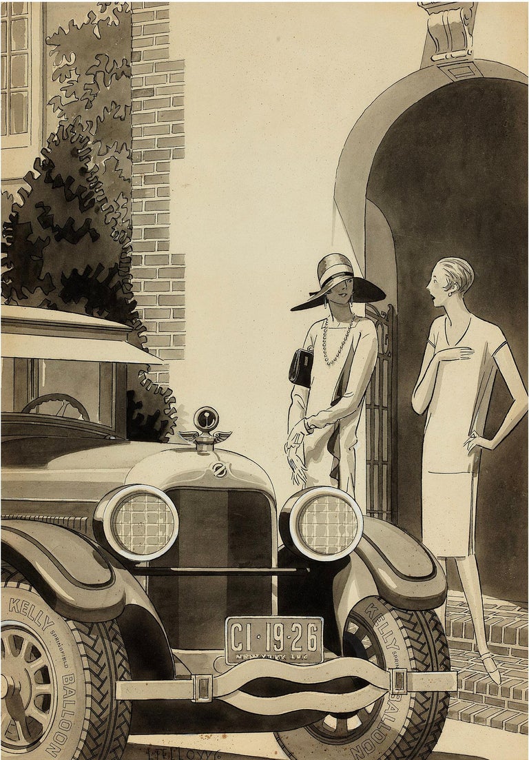 Laurence Fellows Portrait - Art Deco Women Flappers in from of Packard Car - Vintage Car  Illustration