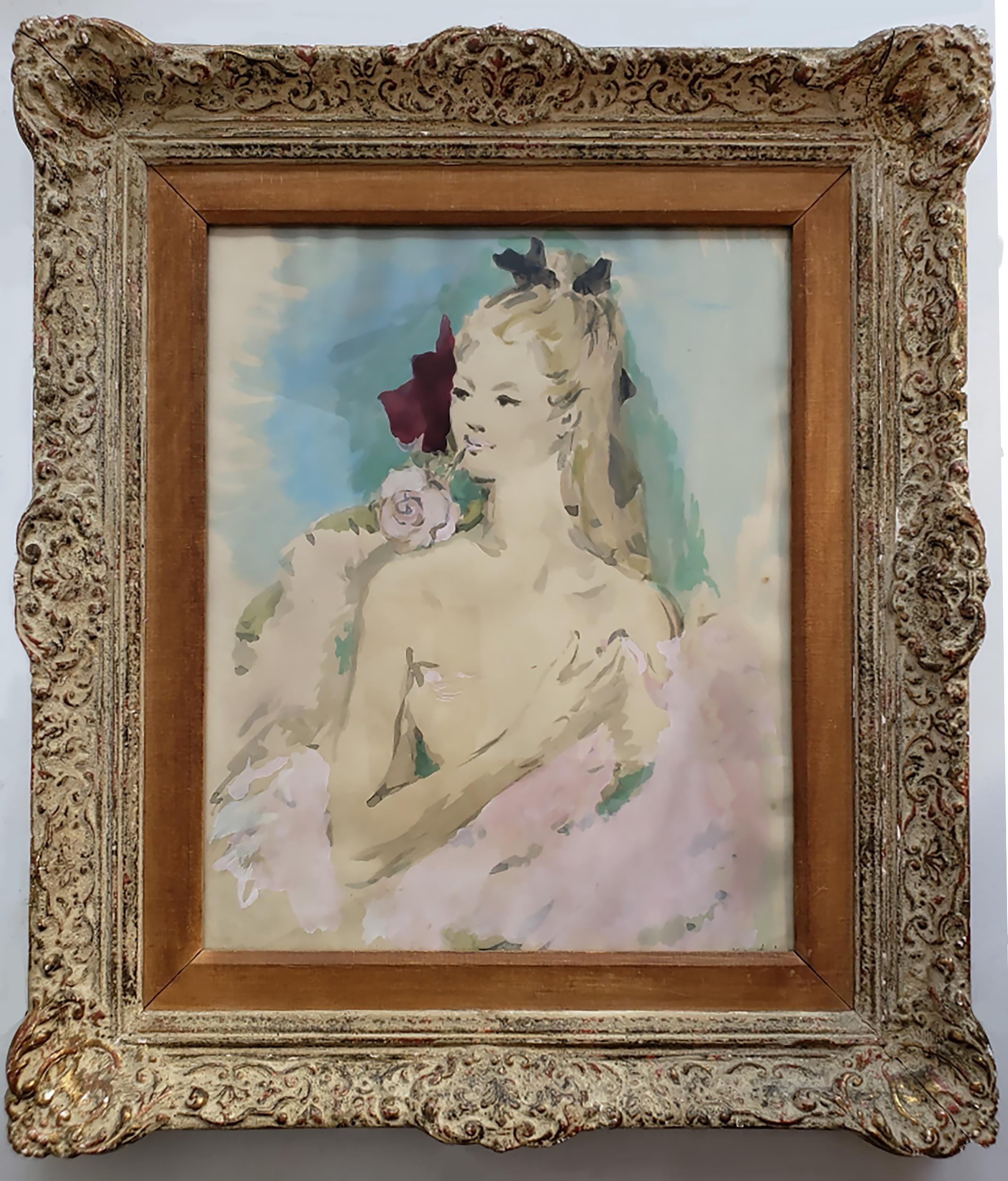 Beautiful Girl with Rose in her Mouth House of Heydenryk Frame - Pair Available - Painting by Marcel Vertes