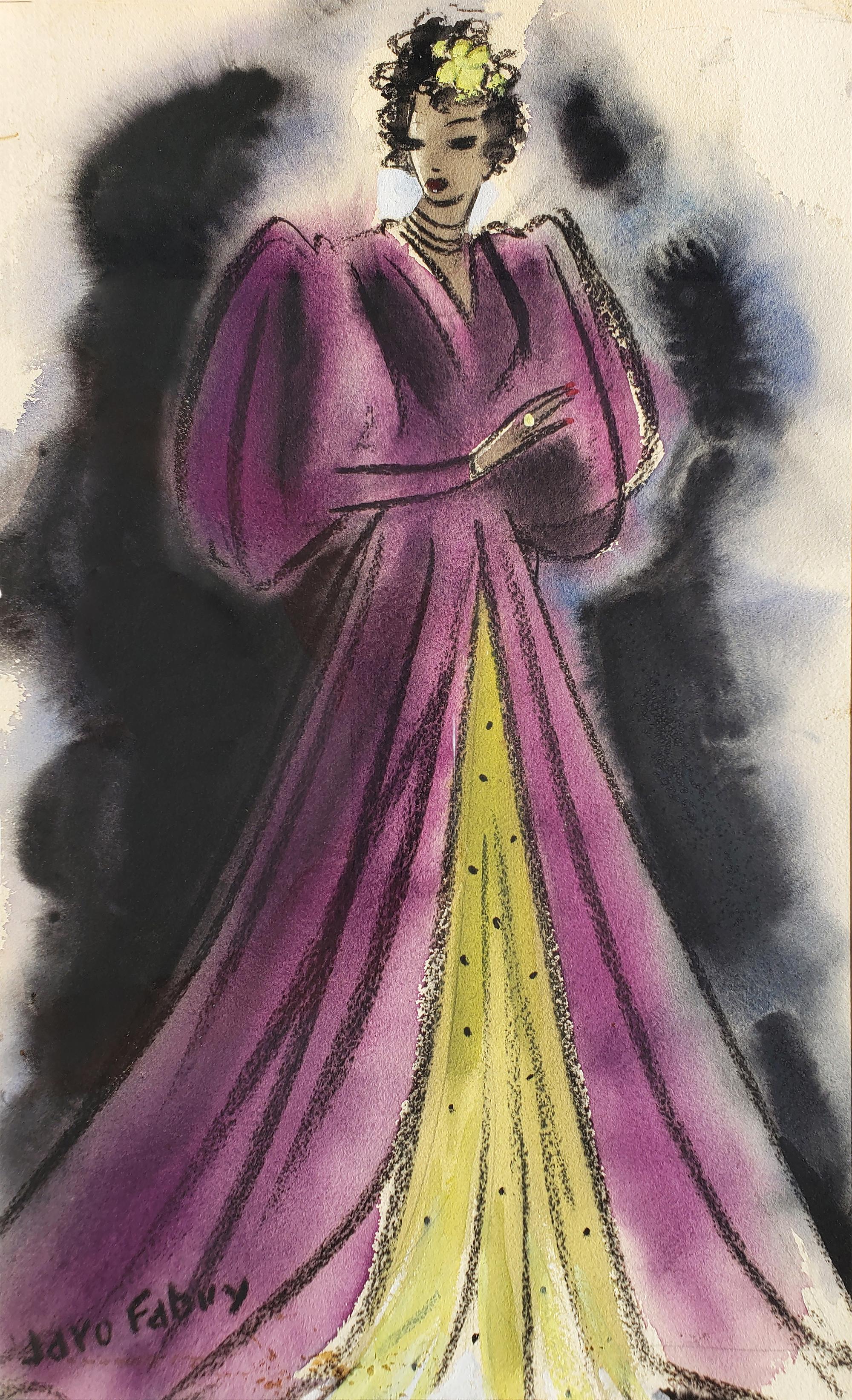 Jaro Fabry Figurative Art – Art Deco Glamouröse Frau in lila Abendkleid  - Goldenes Zeitalter des Hollywoods