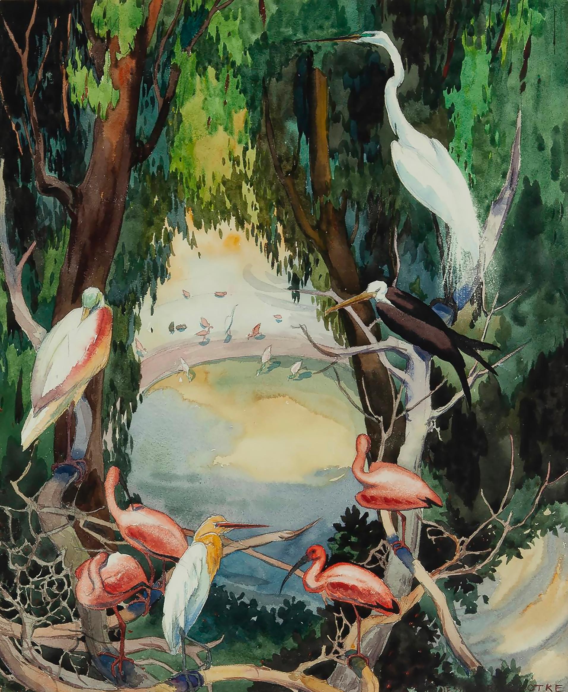 Jessie Arms Botke Animal Art – Tropische Vögel in einem Wasserloch, Flamingos, Schwanen, Egrets- San Diego Zoo