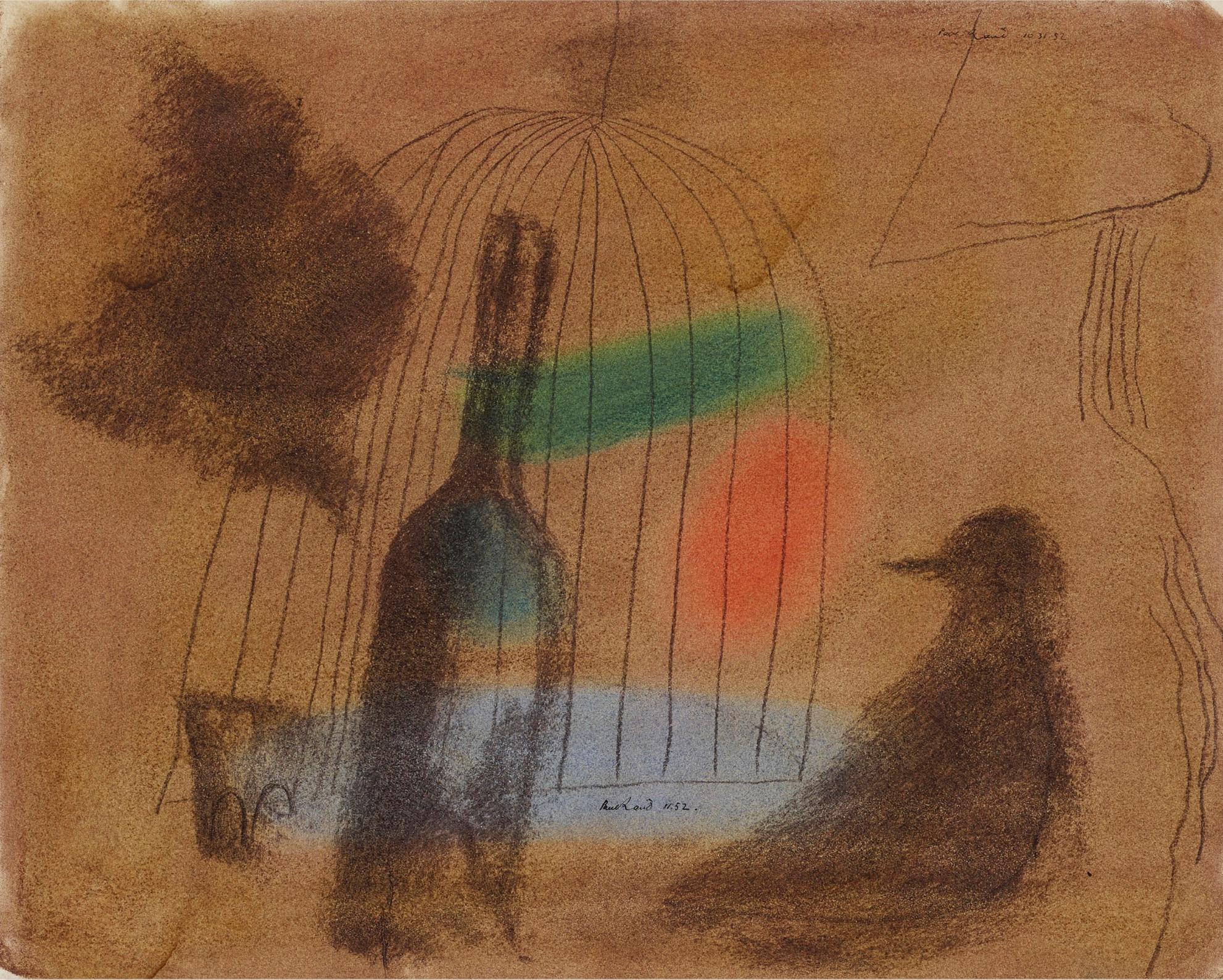 Paul Rand Animal Art - Untitled, Wine Bottle and  Bird outside of a Bird Cage in Moody Brown