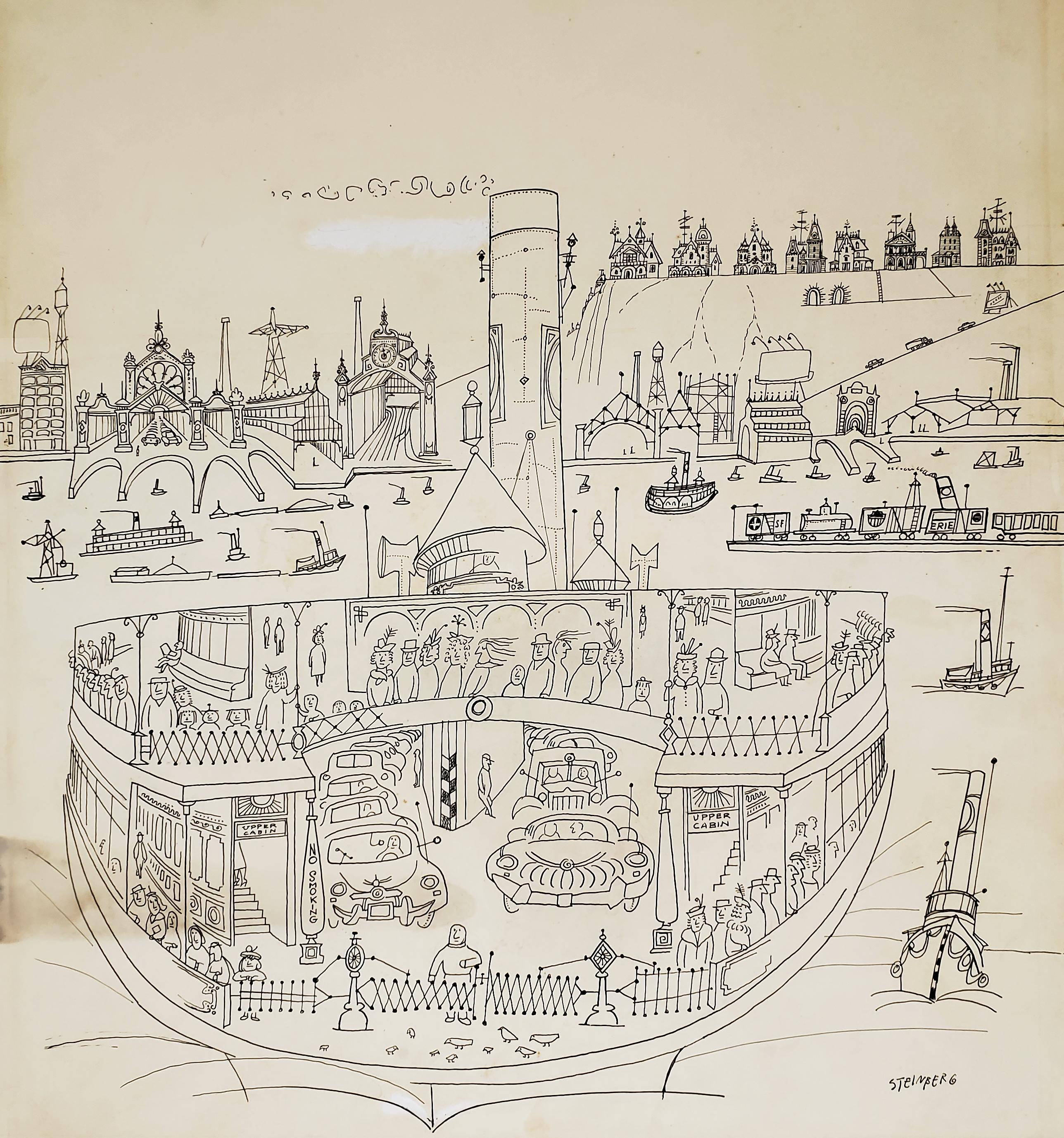 New York Harbor with Ferry boats and Victorian Houses  - Holiday Magazine Cover - Painting by Saul Steinberg