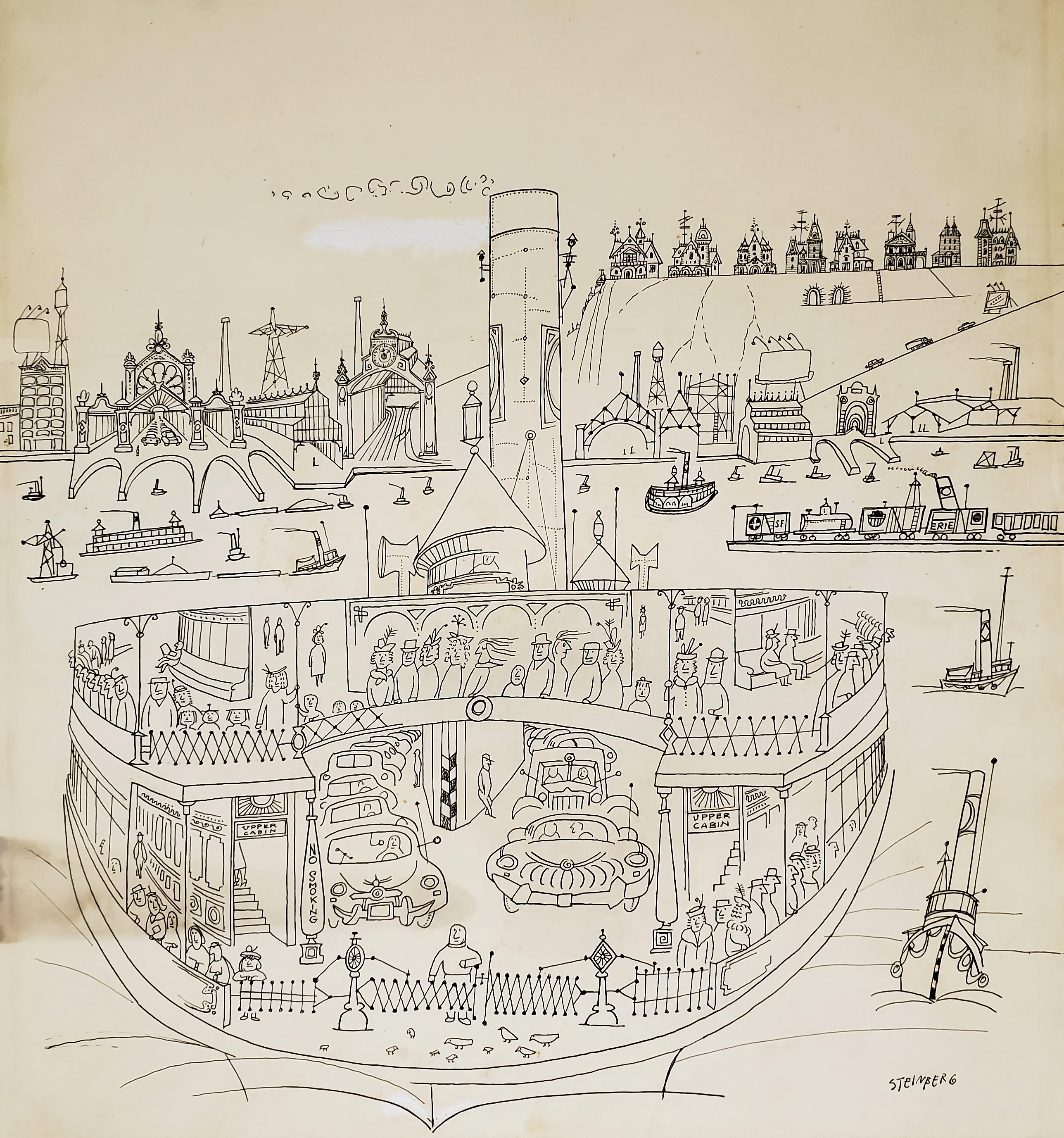 New York Harbor with Ferry boats and Victorian Houses  - Holiday Magazine Cover - Painting de Saul Steinberg