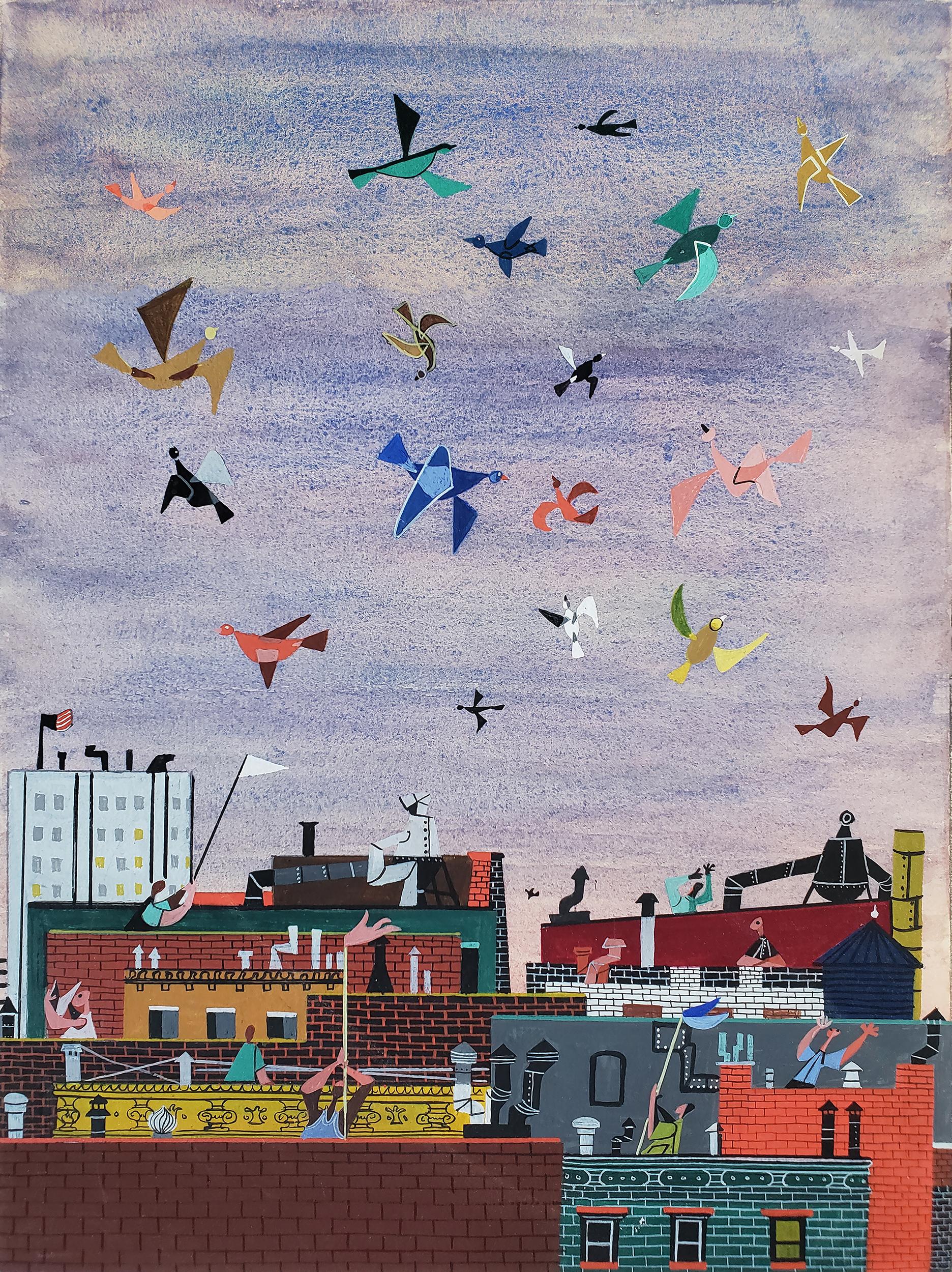 Jerome Snyder Animal Painting - Joyful Birds flying over New York City Rooftops,  (The  Happy Painting ) 