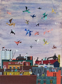 Joyful Birds flying over New York City Rooftops,  (The  Happy Painting ) 