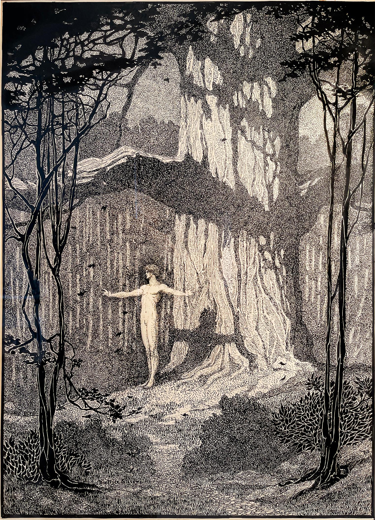 Nude Man in Idyllic Fantasy  Woodland   Pre-Raphaelite  Female Illustrator - Art by Lucy Beatrice Stevens
