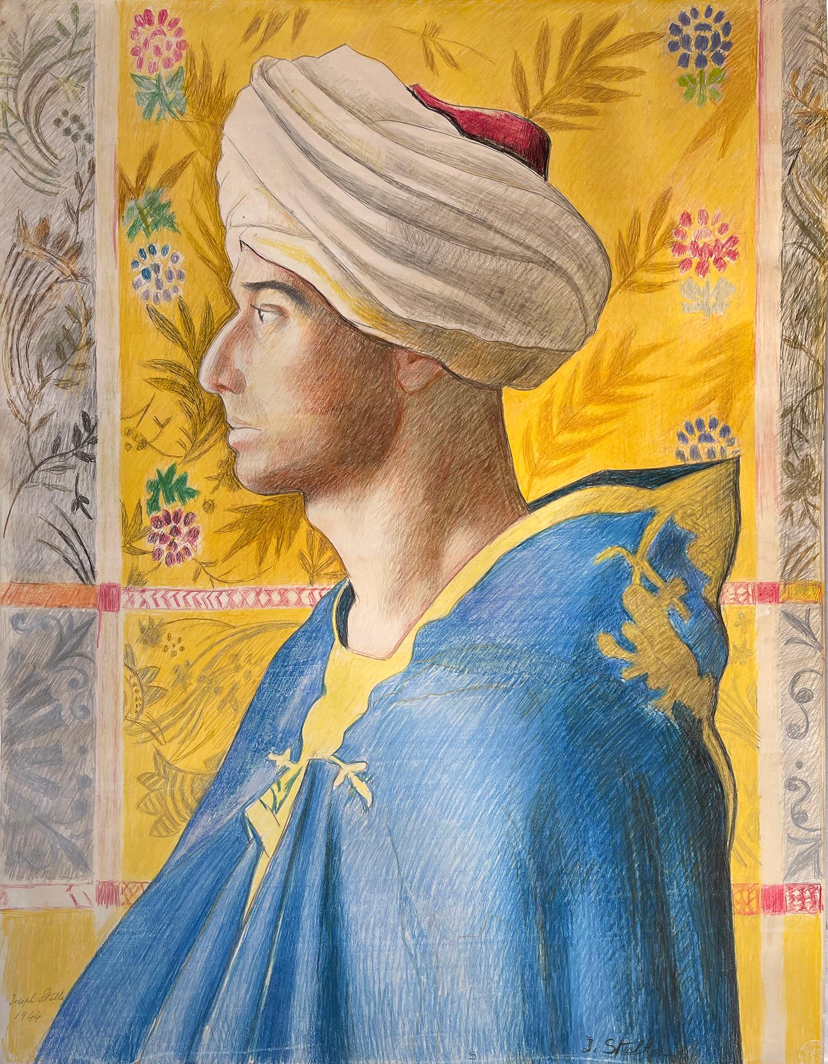 Joseph Stella Figurative Art – Middle Eastern-Man mit türkisfarbenem und blauem Cloak in Profil gegenüber gelbem