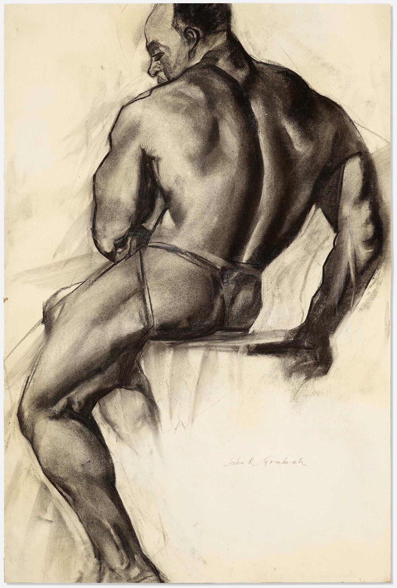 Black Male Nude Sitting,   Academic Charcoal Nude Figure Drawing Life Class 