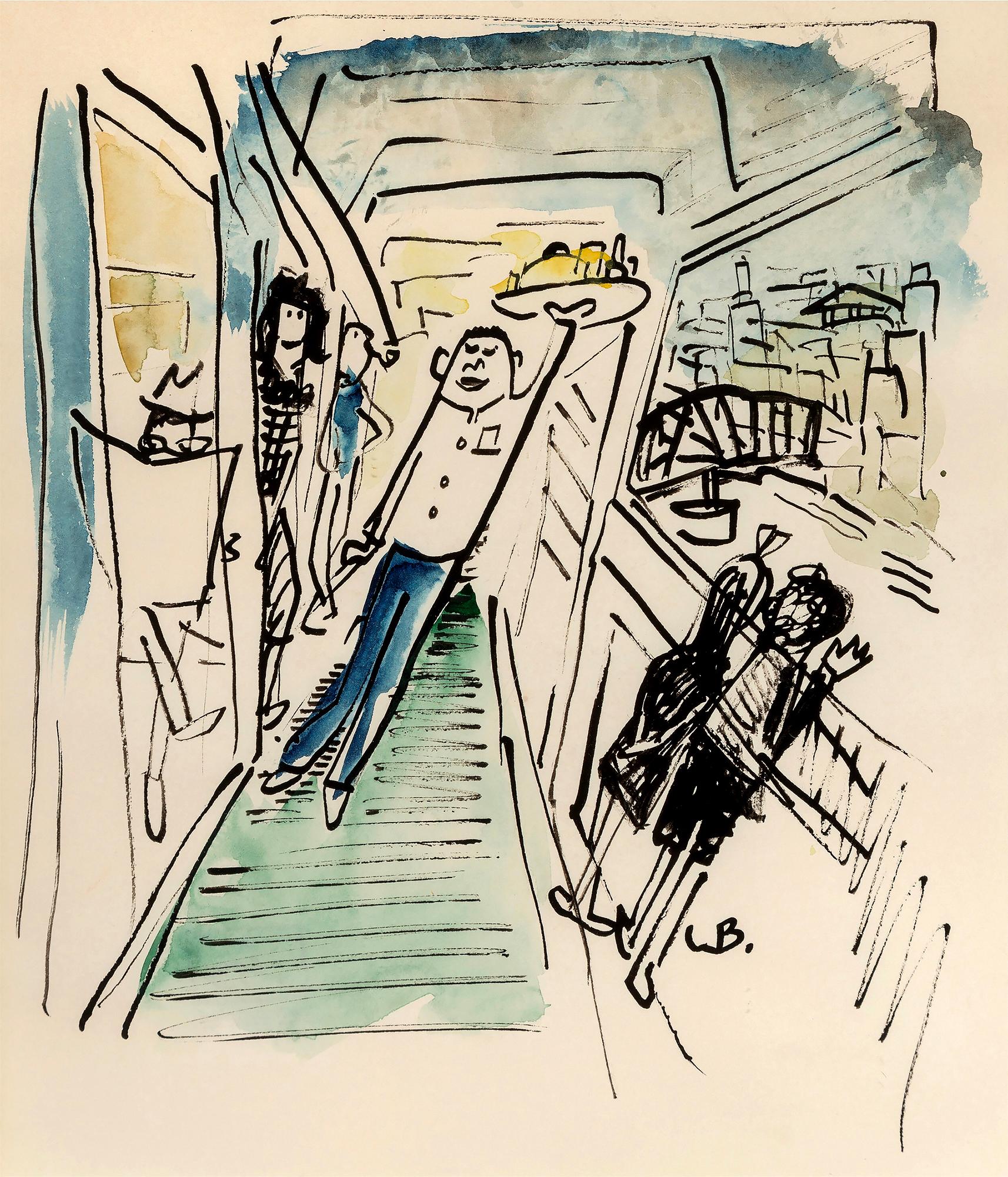 Ludwig Bemelmans Portrait - Waiter Dancing and Strutting on a Ship, Possible Madeline sighting