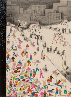 Children Snow Sledding in Central Park  - New Yorker Cover Study