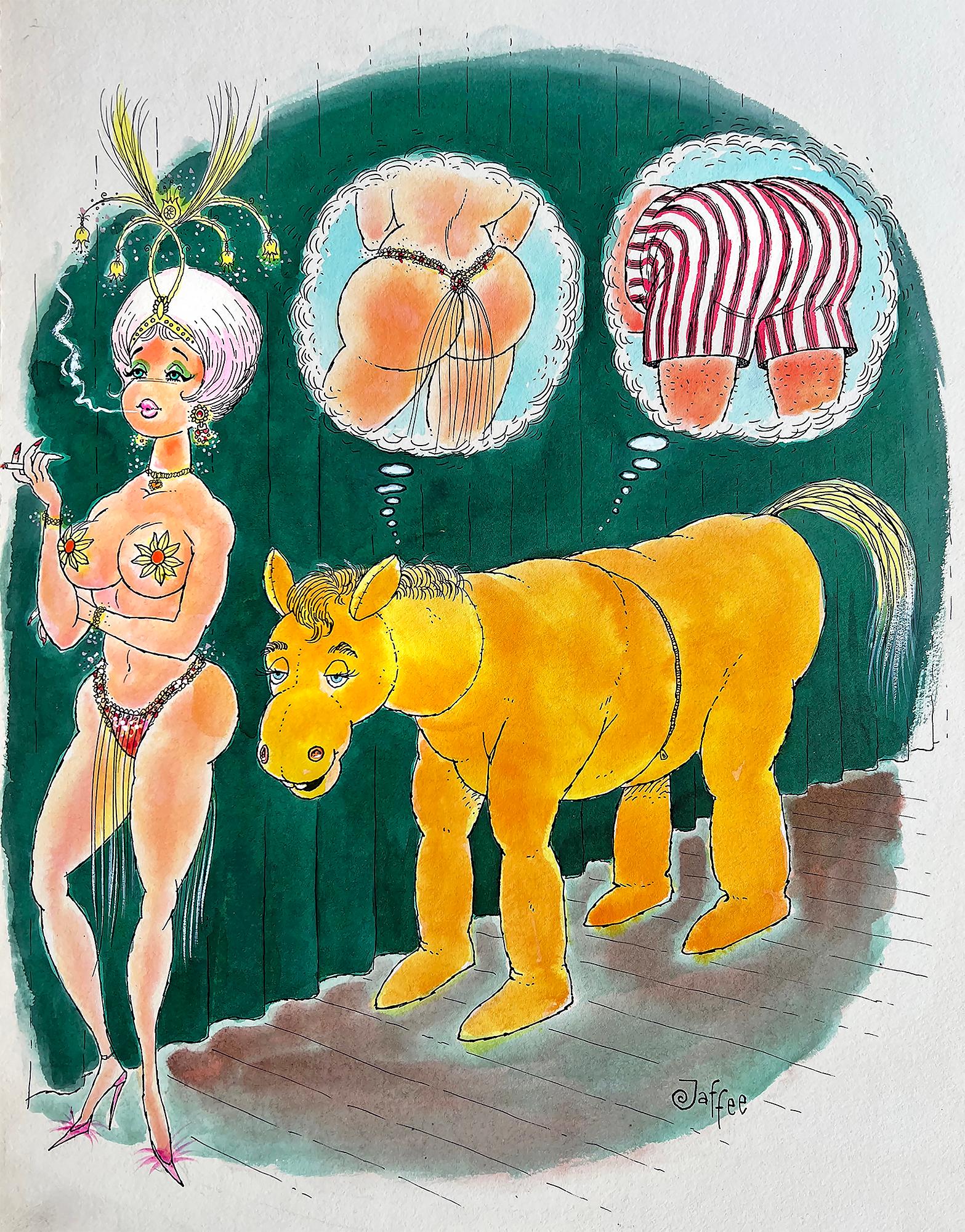 Al Jaffee Animal Art - Nude Show Girl Buttocks Pondered by Show Horse - Sexy Cartoon Mad Magazine