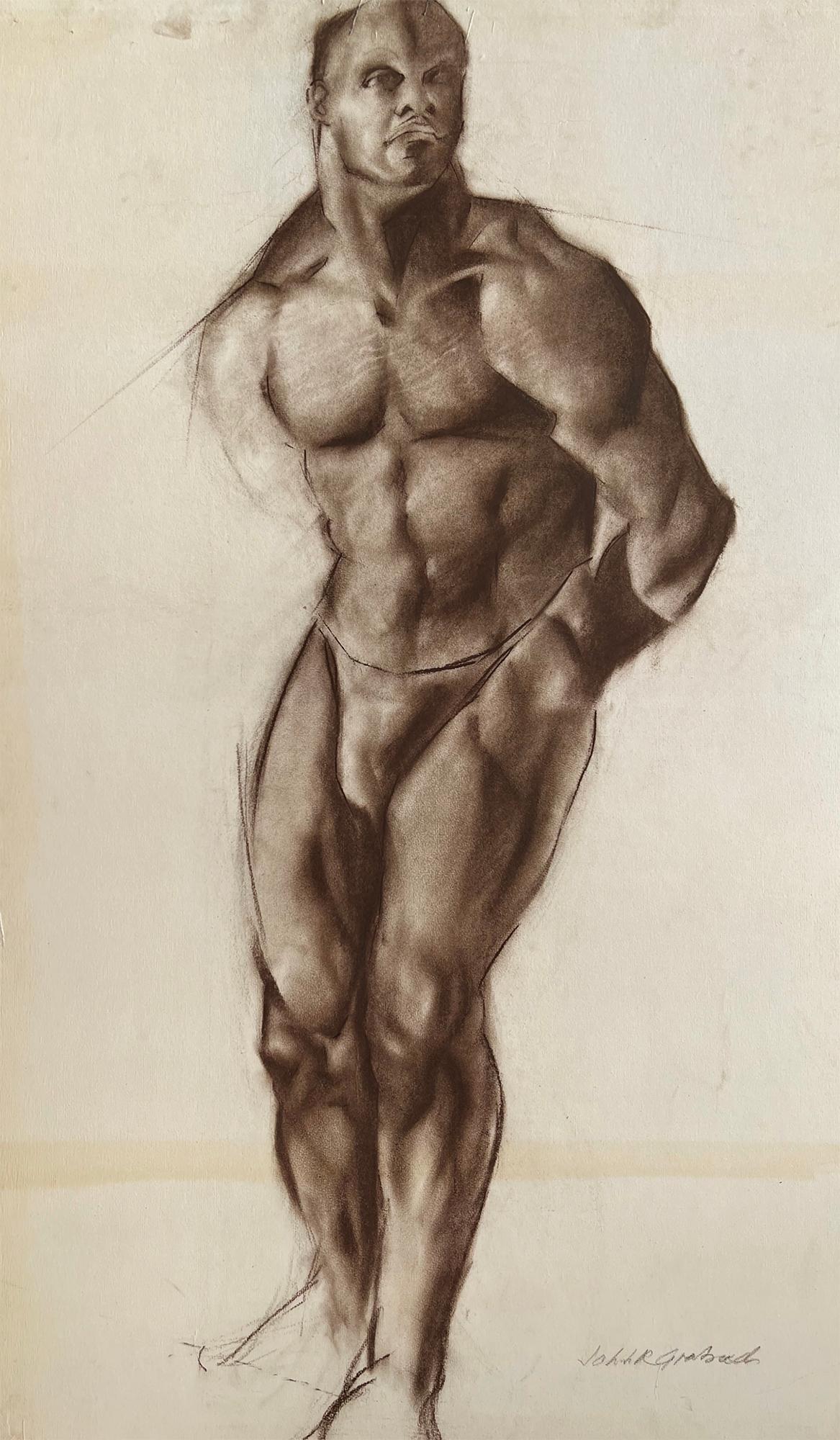 Drawing Muscular Noir Male Nude Academic Life en Charbon de Bois - Art de John R. Grabach