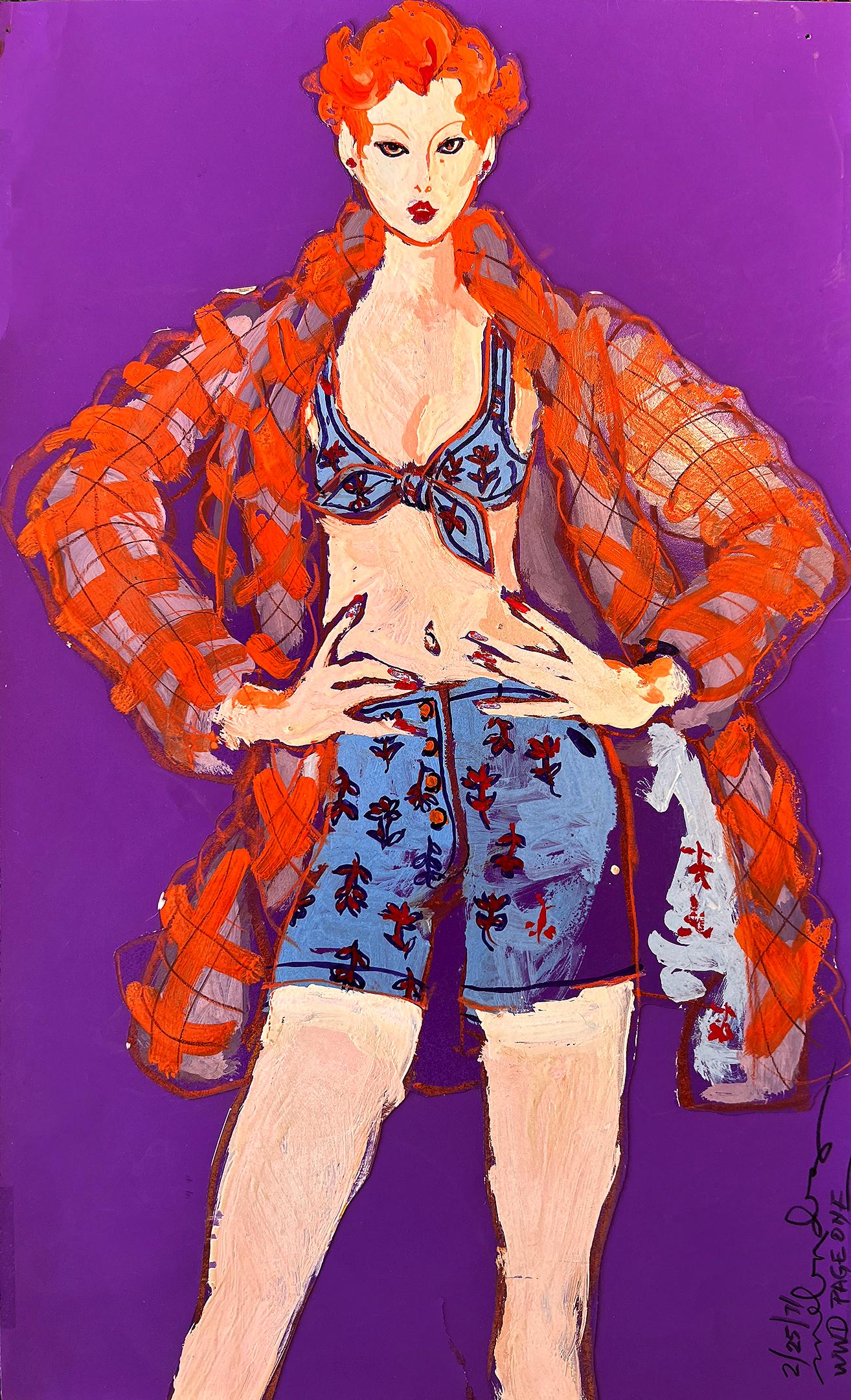 Robert Melendez Figurative Painting - Redheaded Model Purple Fashion Illustration for Women's Wear Daily