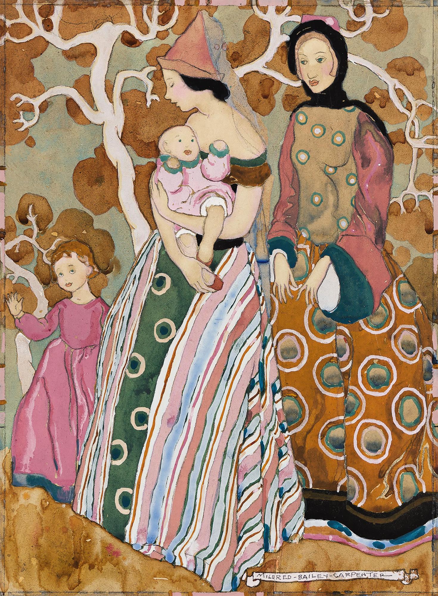 Illustration Art nouveau Femmes et enfants dans les bois 