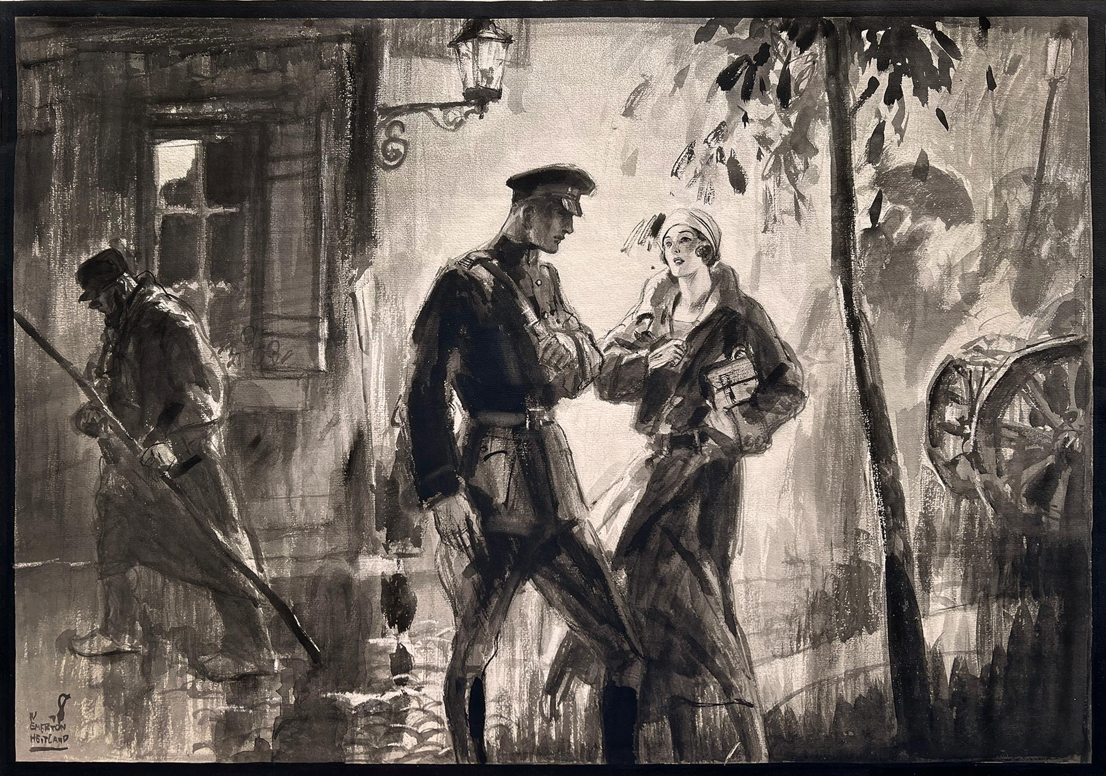 Wilmot Emerton Heitland Figurative Art – Romantisches Paar im Kriegsstil, Paris  in einer verregneten Pariser Nacht