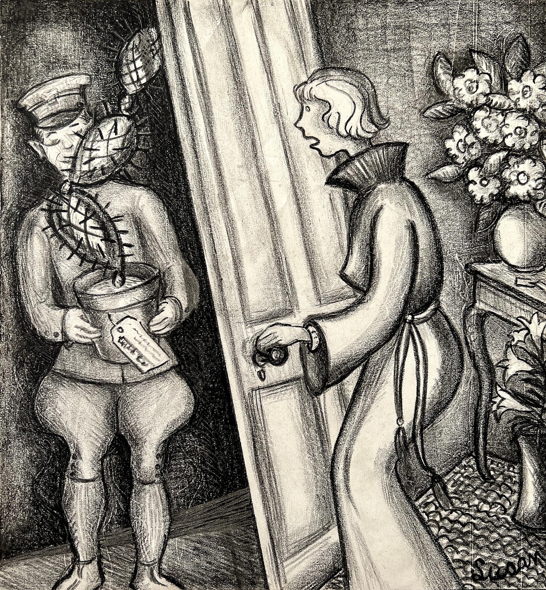 Surpriste Frau mit Kakteen  1920er Jahre Illustratorin