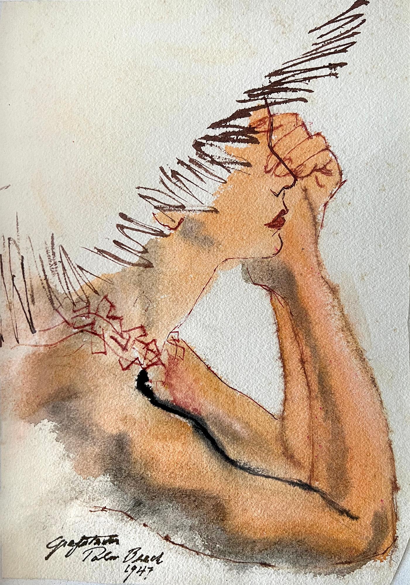 Ruth Sigrid Grafstrom Figurative Art – Glamouröses Porträt aus Palm Beach mit Sonnenhut  - Illustratorin aus der Mitte des Jahrhunderts 