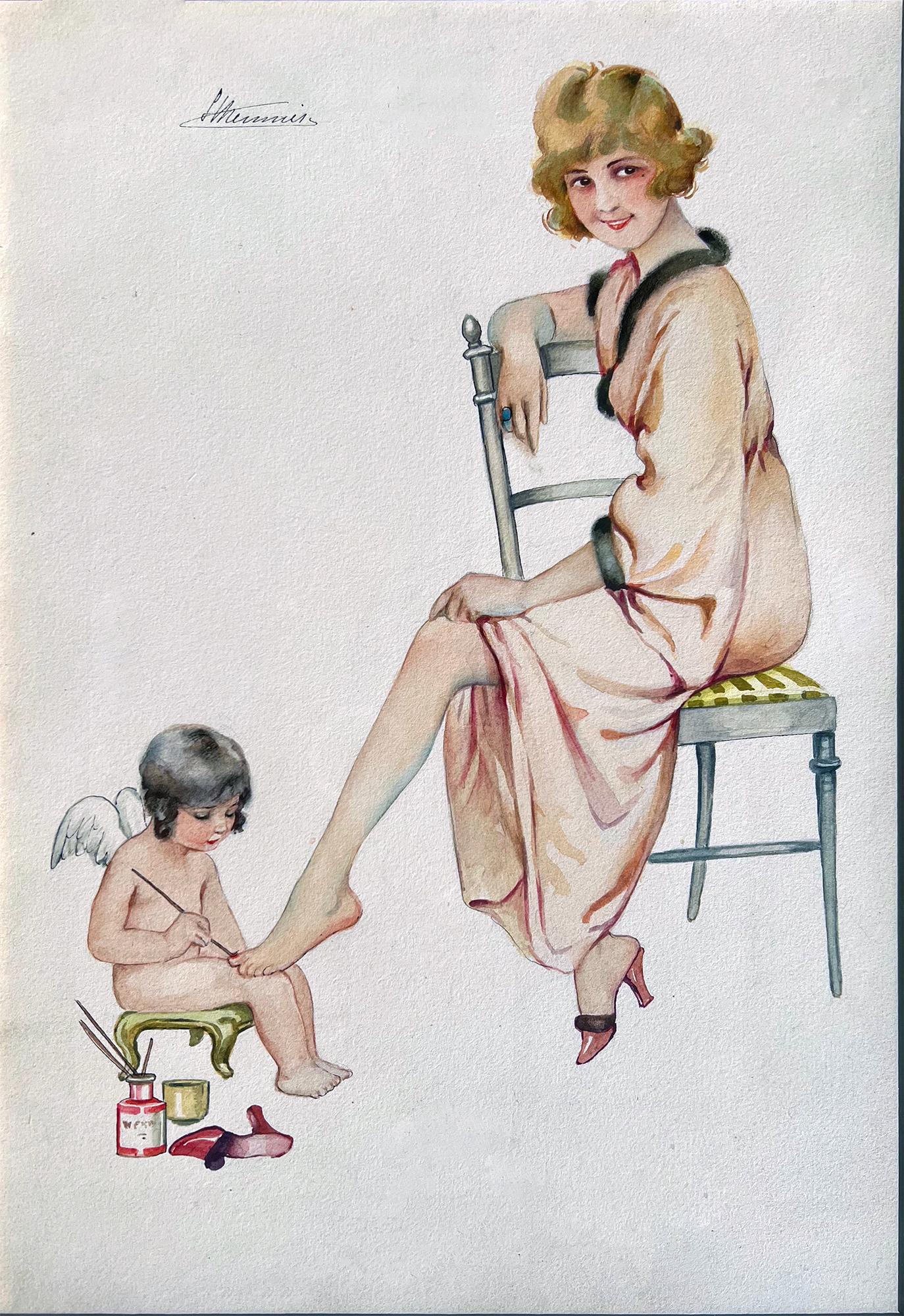Suzanne Meunier Figurative Art -  Risque Pedicure by Angel,   Les Ongles, Boudoir style, Female Illustration