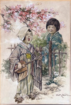 Japanese Children in Traditional Dress  Playing Shamisen - Woman Artist