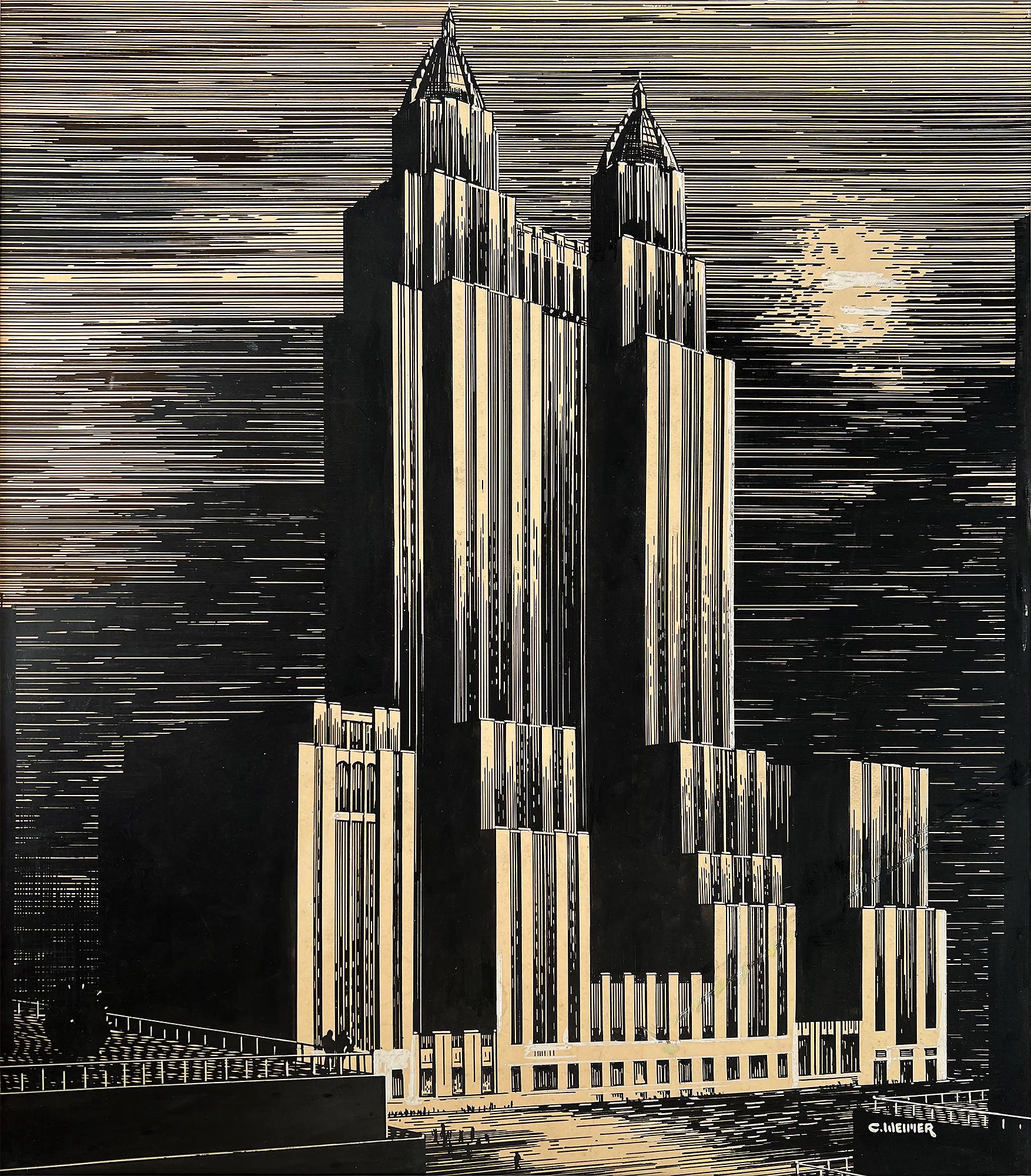 Charles Perry Weimer Landscape Painting - Waldorf Astoria Art Deco Illustration 