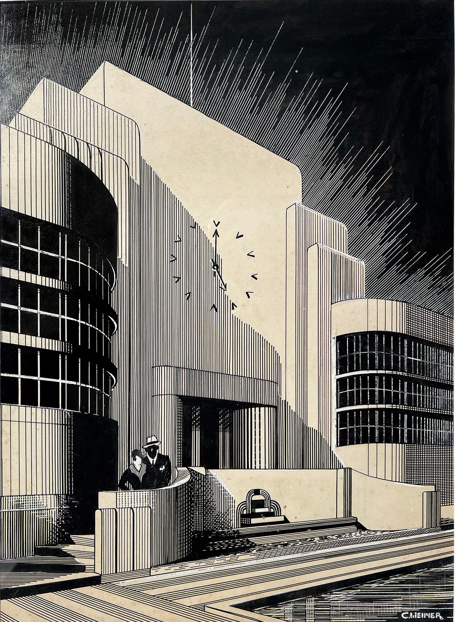 Charles Perry Weimer Landscape Art – Art-Deco-Paar vor einem  Schwarz-weiße Art-déco-Architektur
