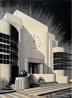 Vintage Art Deco Couple In Front of  Black and White Art Deco Architecture