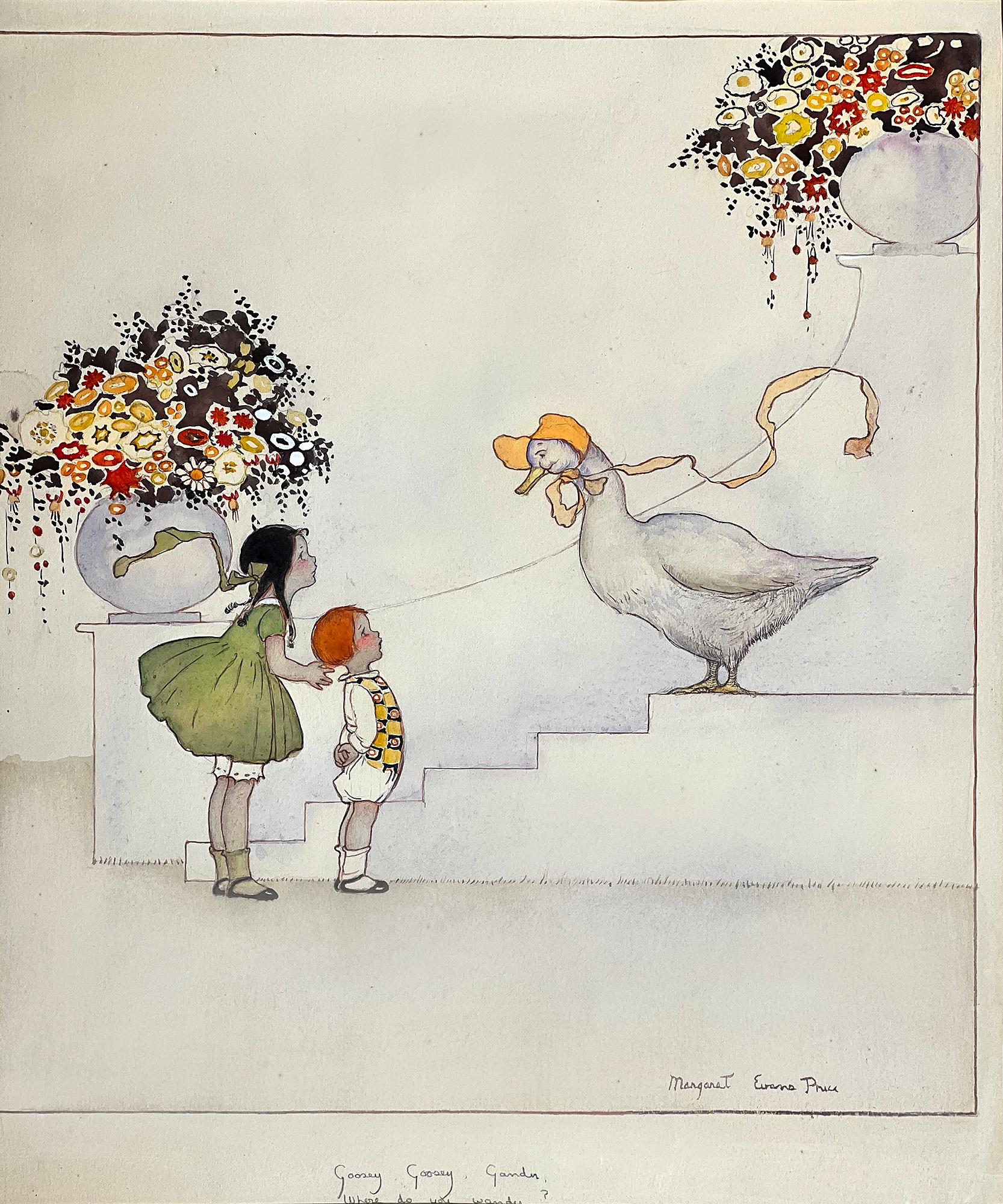 Margaret Evans Price Figurative Art - Children's Book Illustrator  -  Mother Goose, Children and Flowers 
