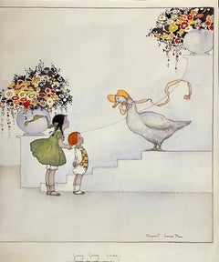 Vintage Children's Book Illustrator  -  Mother Goose, Children and Flowers 