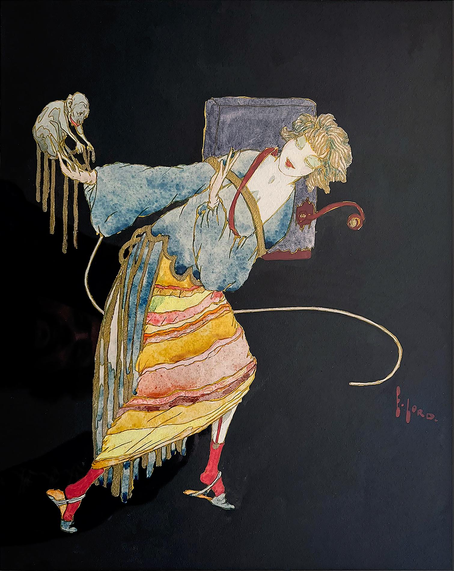 Elyse Ashe Lord Figurative Art –  Art déco-Illustratorin mit Affen in der Hand – weibliche Illustratorin