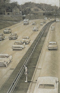 Surrealer halber Aktmann in der Mitte des Highway
