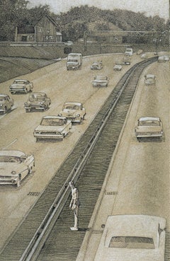 Vintage Surreal semi-Nude Man in the Middle of the Highway 