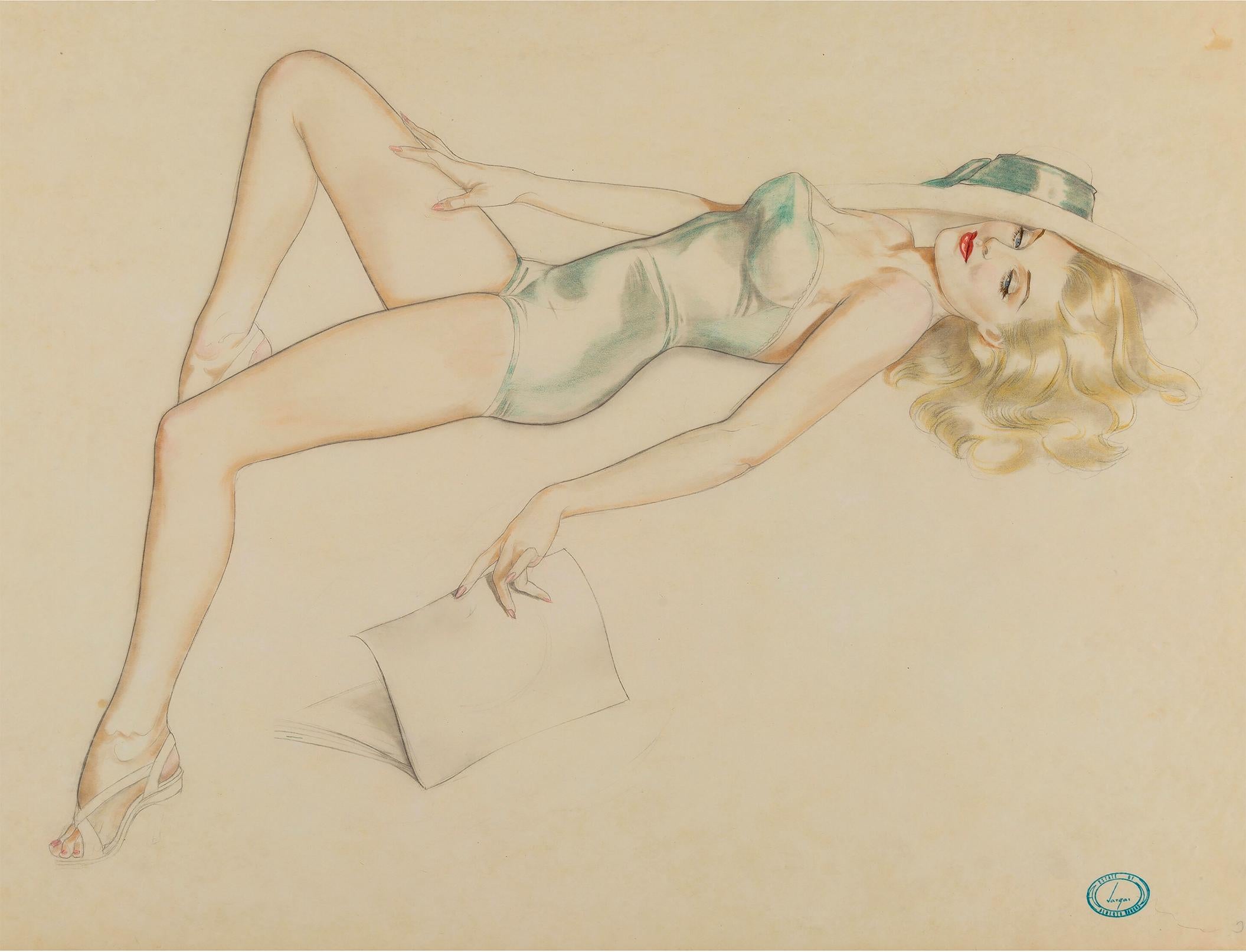 Alberto Vargas Nude – Verführerischer Pin Up aus Platin mit blondem Haar und blauem Auge in Türkis 